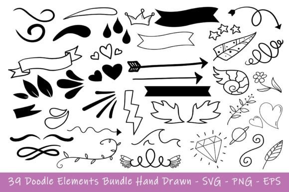 Doodle Vectors Hearts Leaves Ribbons Art