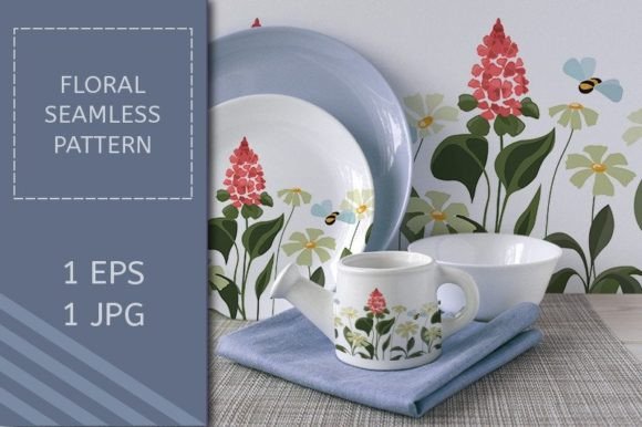 Horizontal Panoramic Illustration with Flowers